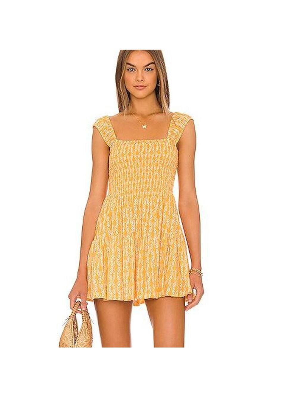Free People Yellow Floral Smocked Midi Dress